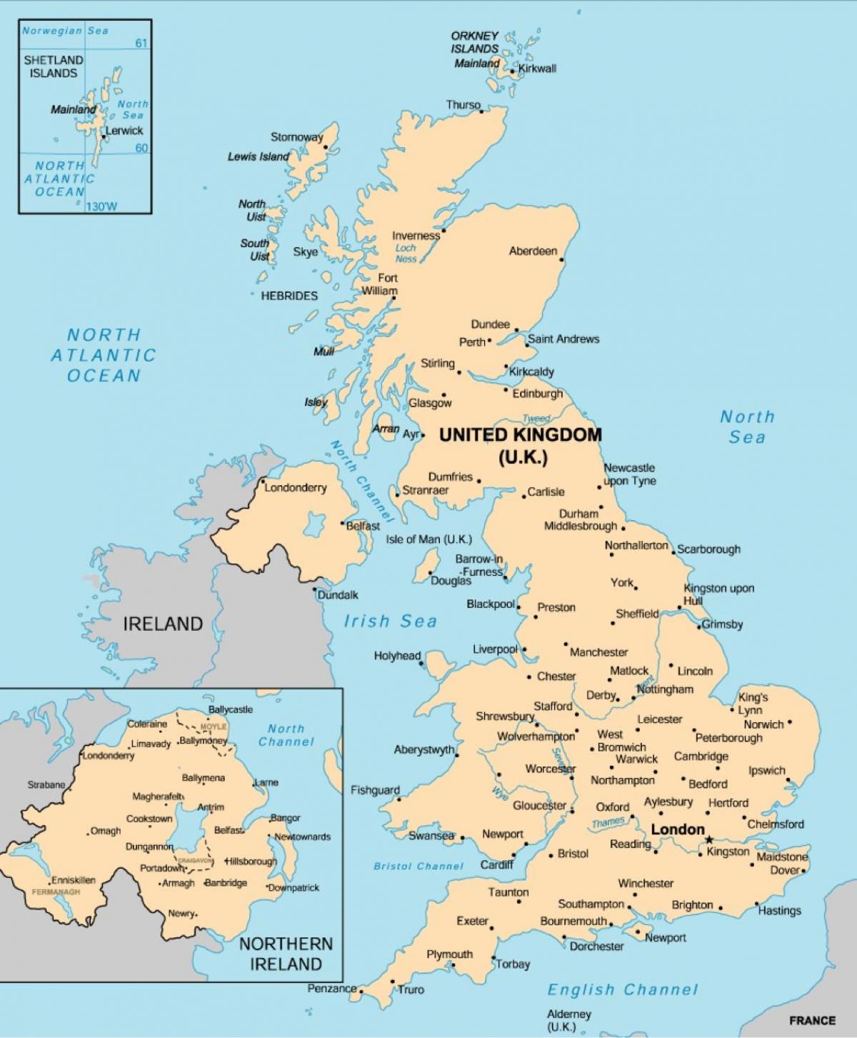 Carte du Royaume-Uni (UK) avec les principales villes