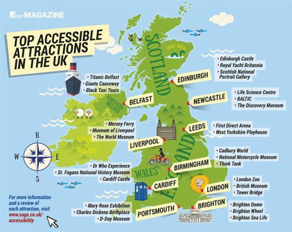 Carte des attractions touristiques du Royaume-Uni (UK)