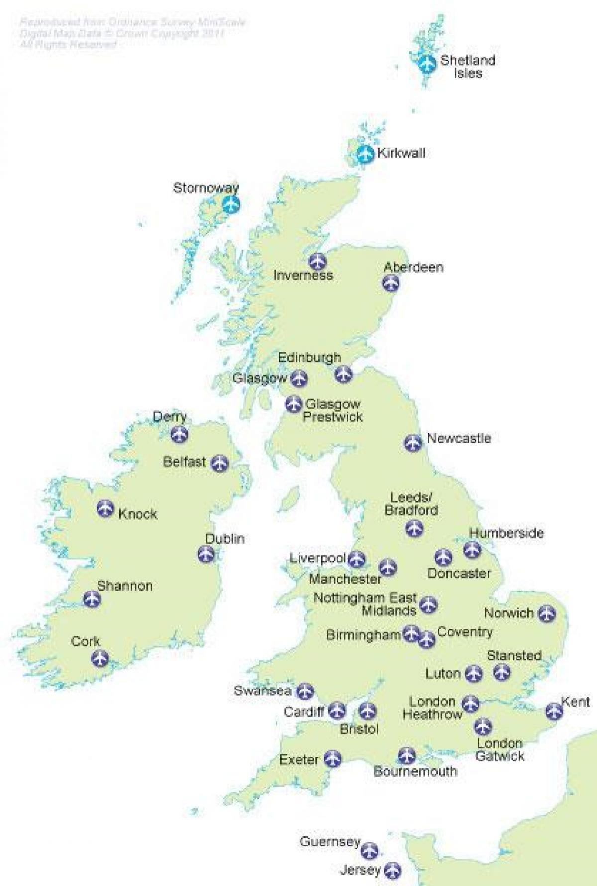 Carte des aéroports du Royaume-Uni (UK)