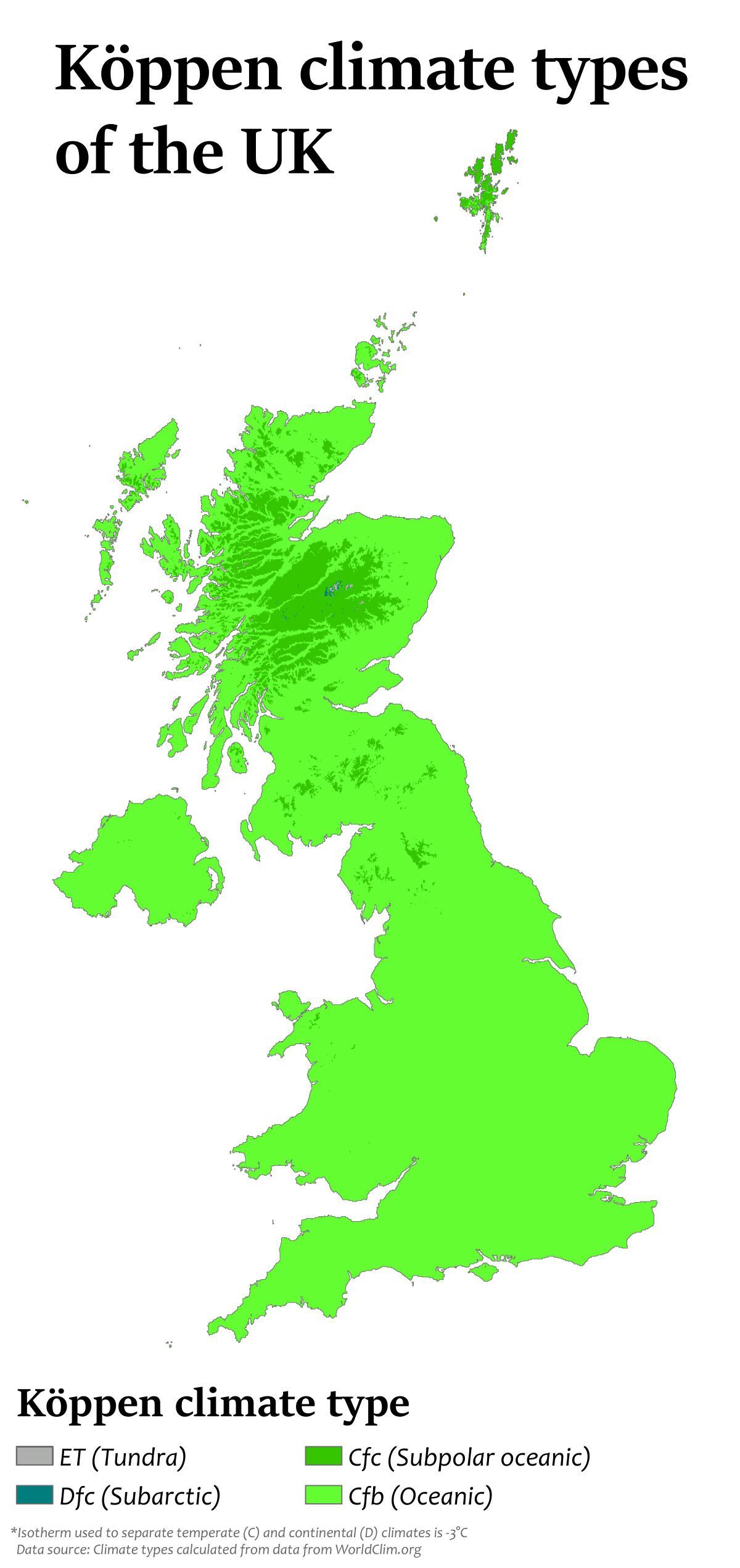 Carte des températures du Royaume-Uni (UK)
