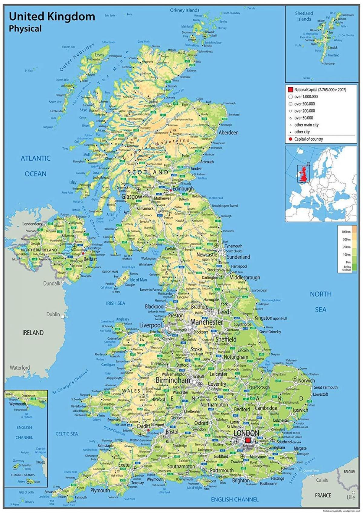 Carte du relief du Royaume-Uni (UK)