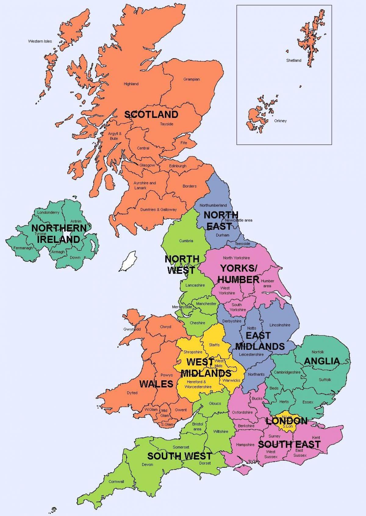 Carte des régions du Royaume-Uni (UK)
